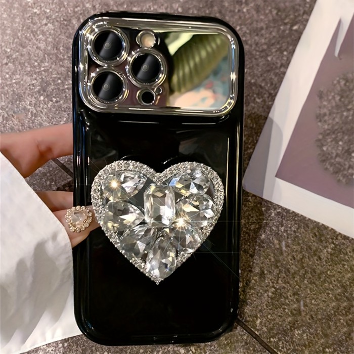 Luxury Plating Large Window Phone Case For IPhone 13 15 Pro Max 14 Pro 12 11 Blingbling Love Heart Mirror Holder Cover