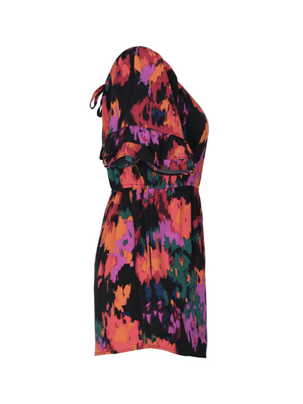Drawstring Elasticity Pockets Printed Split-Joint Flared Sleeves Half Sleeves Off-The-Shoulder Rompers