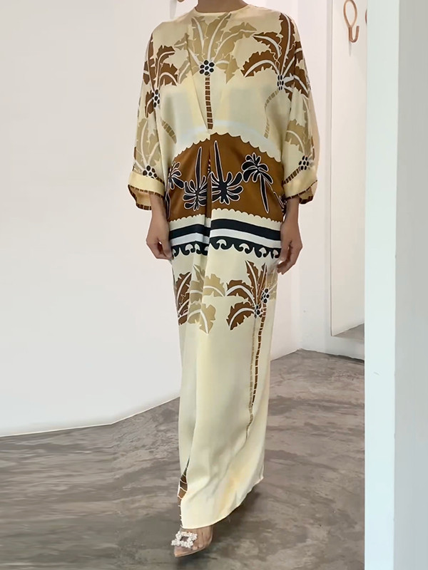 Leaves Print H-line Loose Round-neck Maxi Dresses