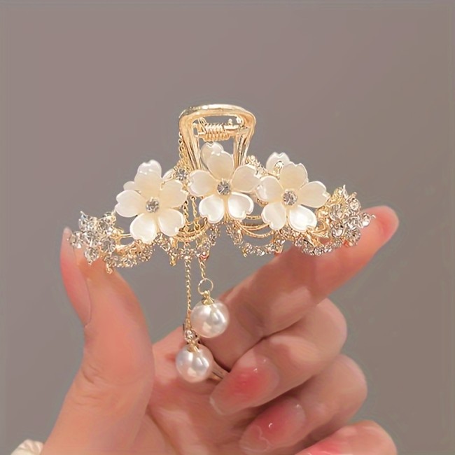 New Camellia Water Diamond Style Artificial Pearl Tassel Hair Clip, Simple and Elegant Metal Hair Clip