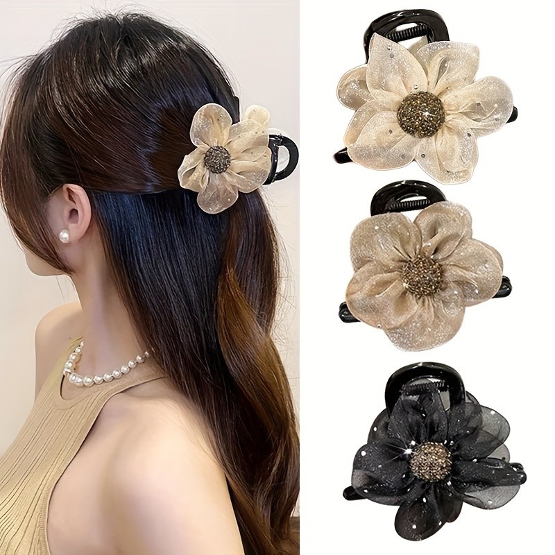 Elegant Rhinestone Sunflower Hair Claw - Vintage-Inspired Large Mesh Shark Clip For Women, Perfect For Valentine'S Day