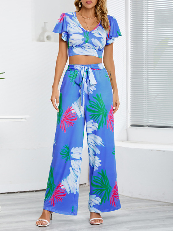 Loose Short Sleeves Printed V-Neck T-shirt Top + Elasticity Pockets Tied Waist Pants Bottom Two Pieces Set