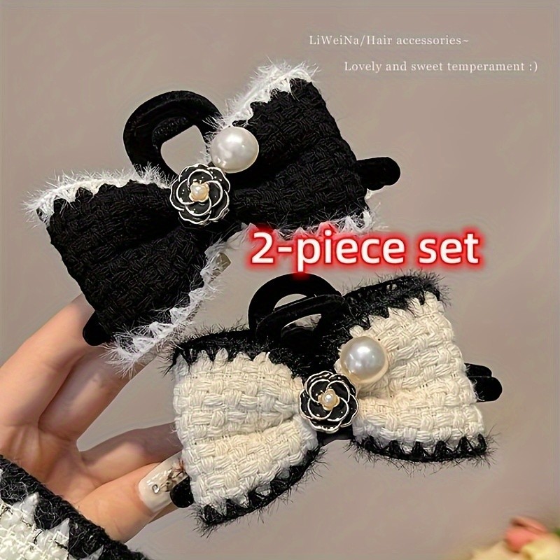 2pcs\u002Fset Faux Pearl Bowknot Decorative Hair Claw Clip Flower Hair Grab Clips Ponytail Holder For Women And daily uses