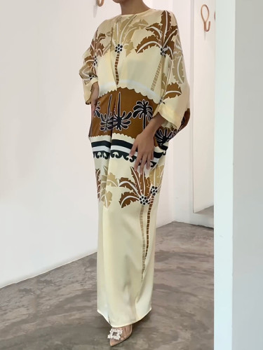 Leaves Print H-line Loose Round-neck Maxi Dresses