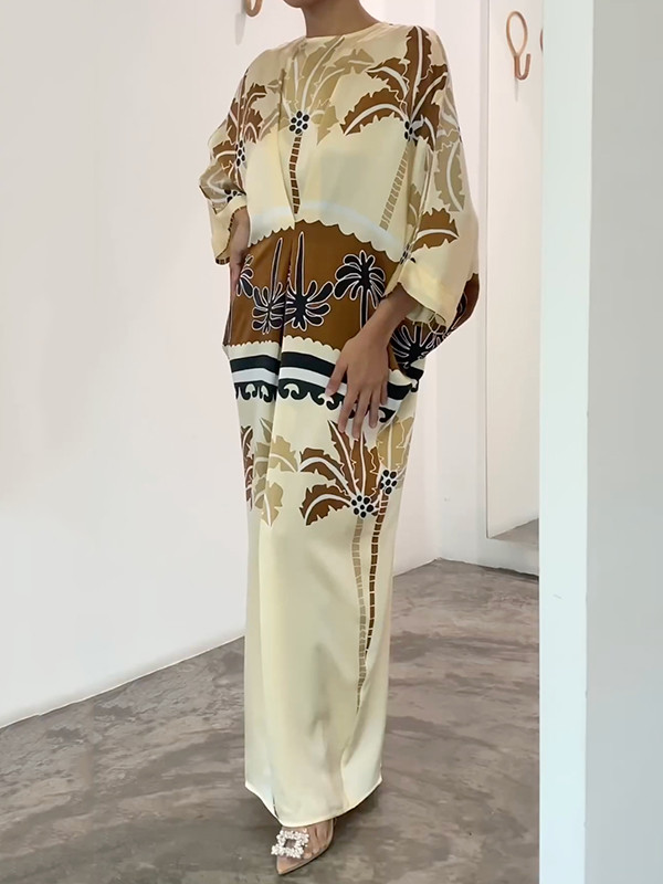 Leaves Print H-line Loose Round-neck Maxi Dresses