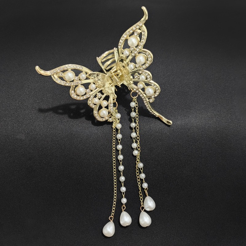 1pc Faux Pearl Rhinestone Hollow Out Butterfly Hair Clip With Tassel Elegant Ponytail Holder Vintage Hair Barrette For Women And daily uses Gift For Valentine's Day