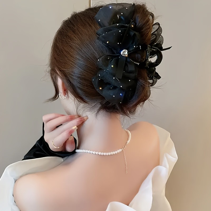 1pc Mesh Bow Hair Claw Clips Fluffy Mesh Hair Grab Clip Sparkling Rhinestones Decor Large Bow Hair Clip, Vintage And Elegant Hair Accessories For Women
