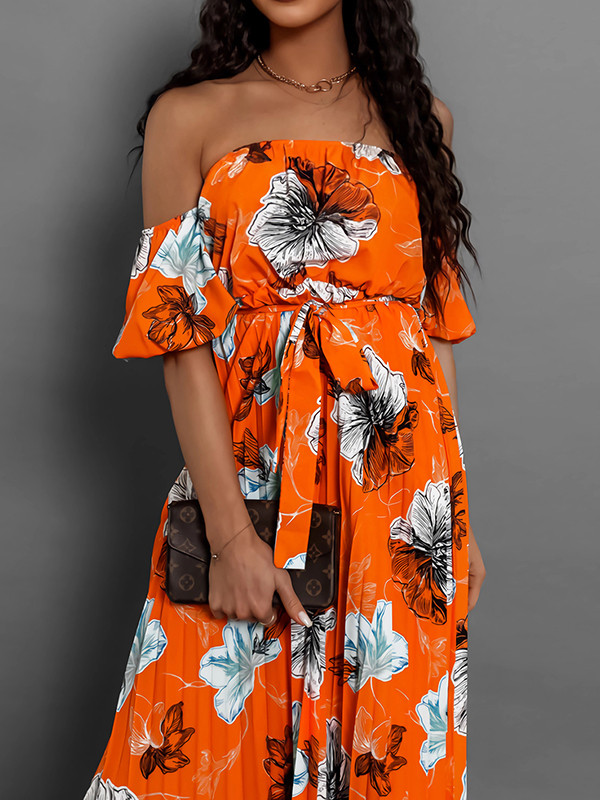 Elasticity Flower Print Pleated Split-Joint Tied Waist A-Line Loose Off-The-Shoulder Maxi Dresses