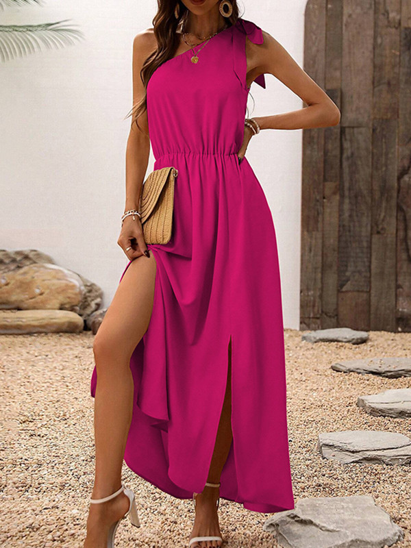 Asymmetric Elasticity Pleated Solid Color Split-side Tied A-line High Waisted One-shoulder Maxi Dresses