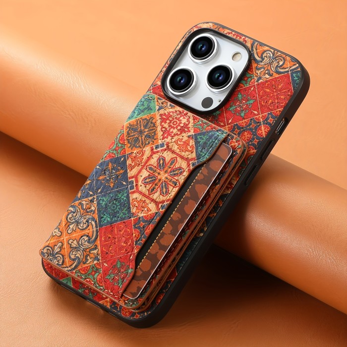 Wallet Case For iPhone 15 14 13 12 Pro Max Plus With Glue Card Holder, Fashion Design Flower Pattern, Wooden material, Foldable Wallet, With 3 Card Slots Can insert 3-5 Cards, Shockproof Cover
