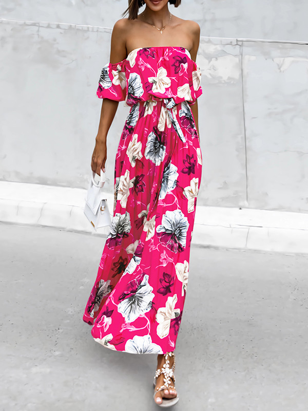 Elasticity Flower Print Pleated Split-Joint Tied Waist A-Line Loose Off-The-Shoulder Maxi Dresses