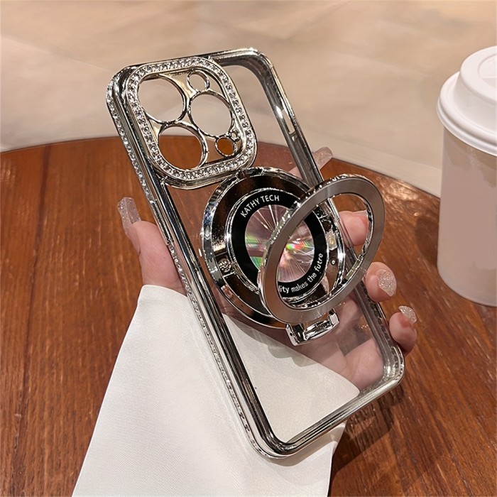 Luxury Rhinestone Glitter Bracket Magnetic TPU Phone Case, For IPhone 15 14 13 12 Pro Max 14 15 Plus 11, Transparent Shockproof Bumper Cover