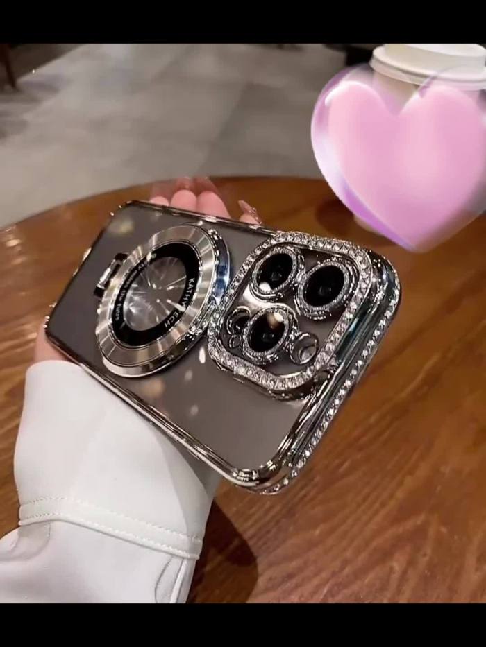 Luxury Rhinestone Glitter Bracket Magnetic TPU Phone Case, For IPhone 15 14 13 12 Pro Max 14 15 Plus 11, Transparent Shockproof Bumper Cover