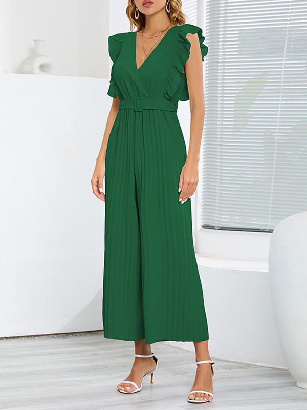 Belted Pleated Ruffled Solid Color High Waisted Loose V-Neck Jumpsuits