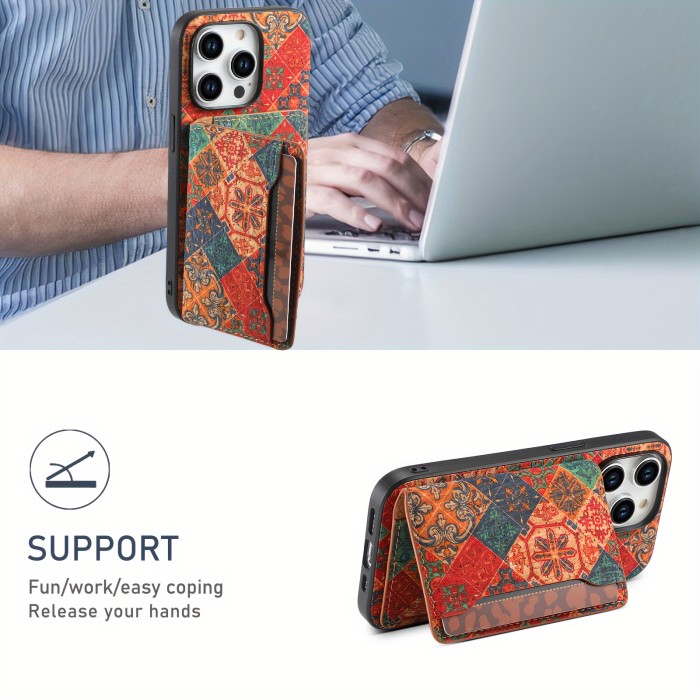 Wallet Case For iPhone 15 14 13 12 Pro Max Plus With Glue Card Holder, Fashion Design Flower Pattern, Wooden material, Foldable Wallet, With 3 Card Slots Can insert 3-5 Cards, Shockproof Cover