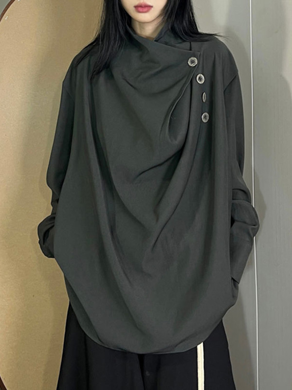 Asymmetric Pleated Split-Joint Long Sleeves Loose High Neck Blouses&shirts Tops