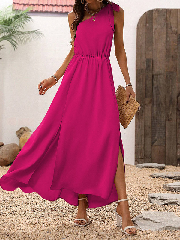 Asymmetric Elasticity Pleated Solid Color Split-side Tied A-line High Waisted One-shoulder Maxi Dresses