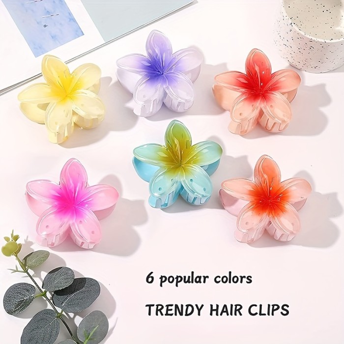 Flower Hair Claw Clips Set of 6, Elegant Y2K Style Plastic Hair Claws, Multi-Color Solid Floral Hair Accessories for Women and Girls, Non-Slip Strong Grip Hair Clips for Thick and Thin Hair - Stylish Beach Vacation Hairpiece (Assorted Colors)