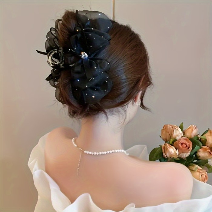 1pc Mesh Bow Hair Claw Clips Fluffy Mesh Hair Grab Clip Sparkling Rhinestones Decor Large Bow Hair Clip, Vintage And Elegant Hair Accessories For Women