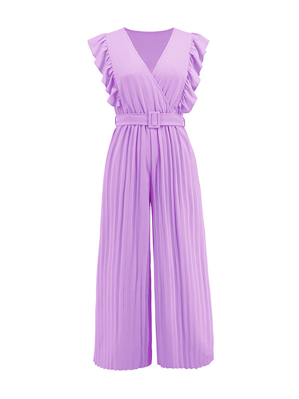 Belted Pleated Ruffled Solid Color High Waisted Loose V-Neck Jumpsuits