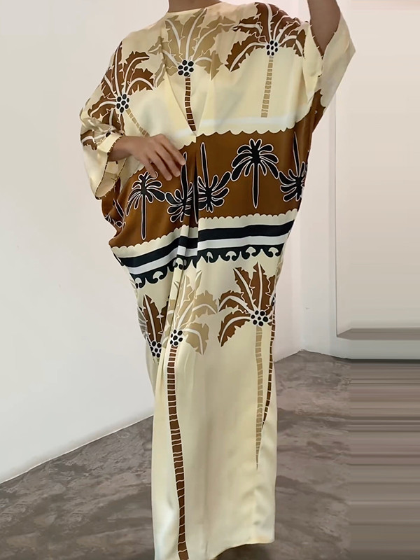 Leaves Print H-line Loose Round-neck Maxi Dresses
