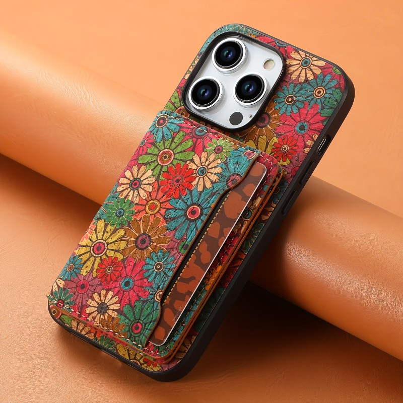 Wallet Case For iPhone 15 14 13 12 Pro Max Plus With Glue Card Holder, Fashion Design Flower Pattern, Wooden material, Foldable Wallet, With 3 Card Slots Can insert 3-5 Cards, Shockproof Cover