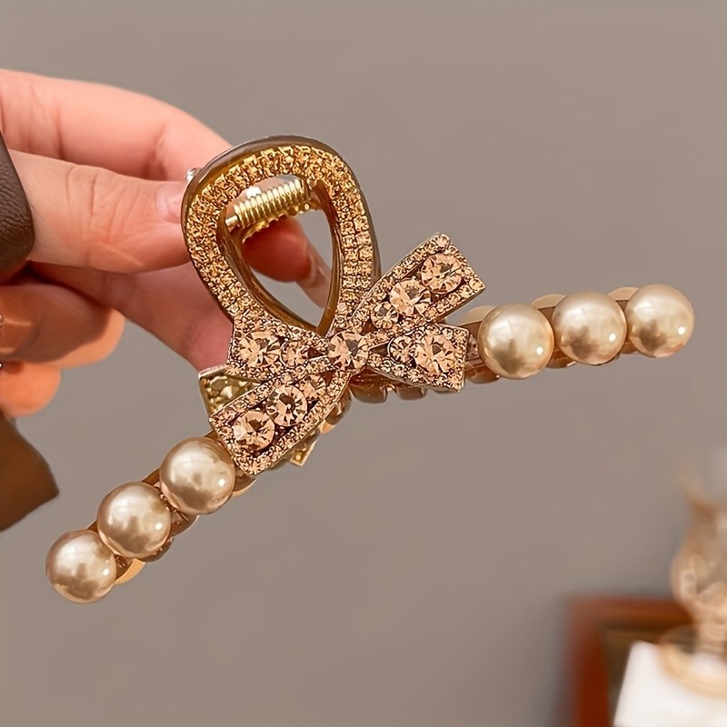 1pc Elegant Pearl And Rhinestone Bow Hair Claw Clip, Large Vintage Hair Accessory, Women's Fashion Shark Hairpin, Hair Ornament For Updo Hairstyle