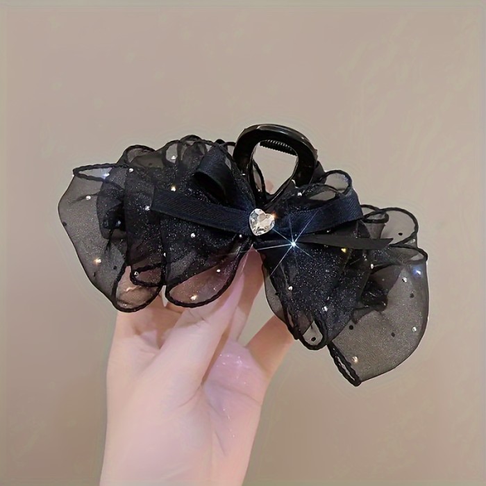 1pc Mesh Bow Hair Claw Clips Fluffy Mesh Hair Grab Clip Sparkling Rhinestones Decor Large Bow Hair Clip, Vintage And Elegant Hair Accessories For Women