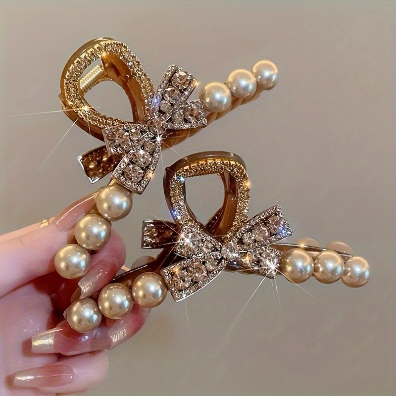 1pc Elegant Pearl And Rhinestone Bow Hair Claw Clip, Large Vintage Hair Accessory, Women's Fashion Shark Hairpin, Hair Ornament For Updo Hairstyle