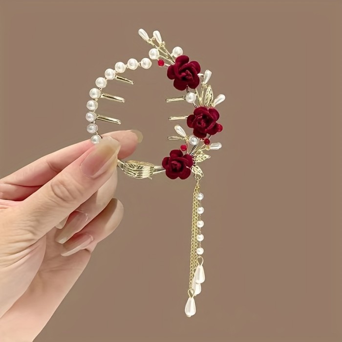 1PC Elegant Rose Ponytail Clip Decorated With Faux Pearl And Tassel Women Hair Accessories