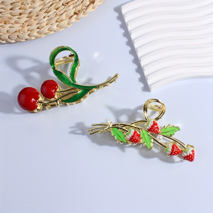 2pcs\u002Fset New Design Lady's Cute Sweet Cherry Strawberry Alloy Hair Clip Back Of The Head Hair Accessories