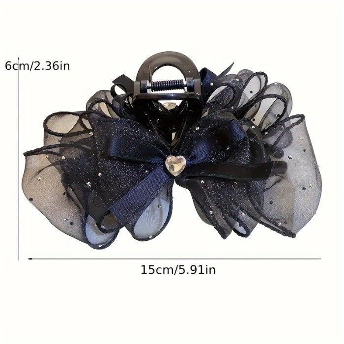 1pc Mesh Bow Hair Claw Clips Fluffy Mesh Hair Grab Clip Sparkling Rhinestones Decor Large Bow Hair Clip, Vintage And Elegant Hair Accessories For Women