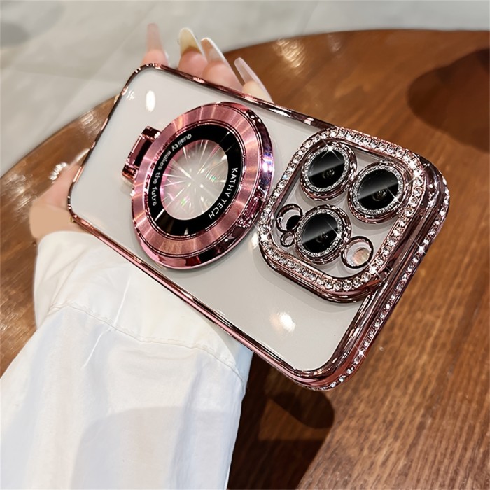 Luxury Rhinestone Glitter Bracket Magnetic TPU Phone Case, For IPhone 15 14 13 12 Pro Max 14 15 Plus 11, Transparent Shockproof Bumper Cover