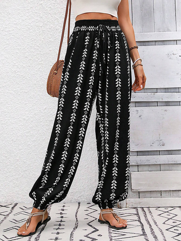 Drawstring Elasticity Pleated Printed High Waisted Loose Trousers Pants Knickerbockers
