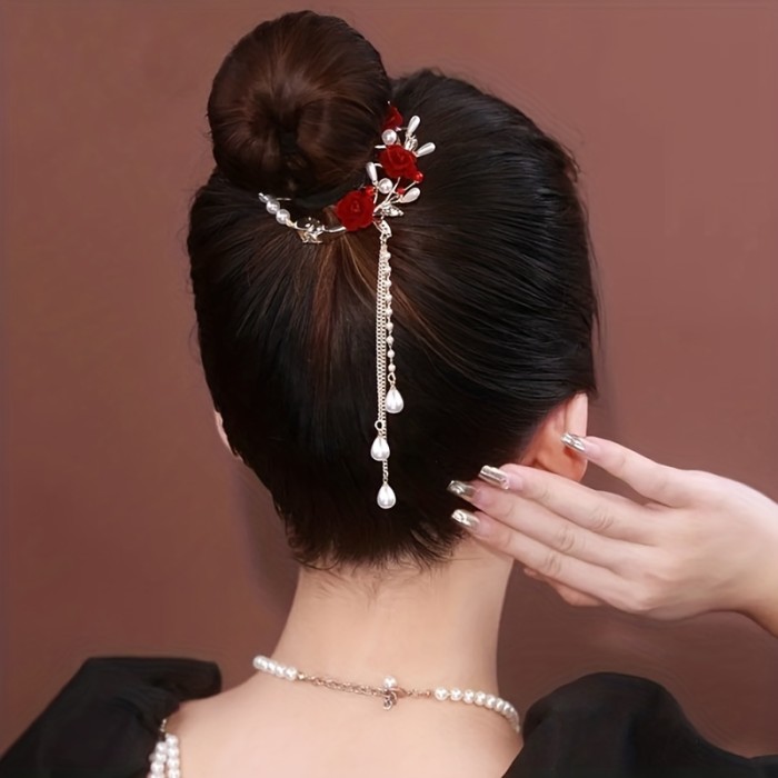 1PC Elegant Rose Ponytail Clip Decorated With Faux Pearl And Tassel Women Hair Accessories