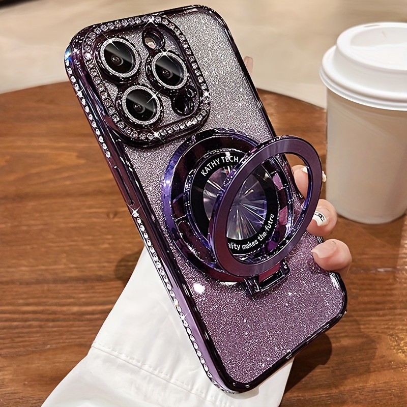 New Magnetic Stand for iPhone 11 12 13 14 15 Pro Max Case, Built-in Camera Lens Protector Glitter  Card & Soft TPU Diamonds Protection Cover Accessories