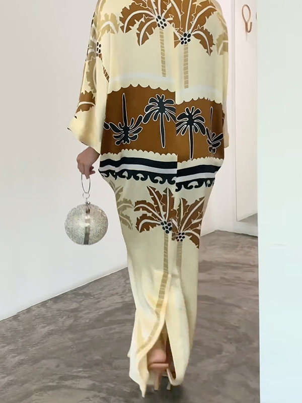Leaves Print H-line Loose Round-neck Maxi Dresses