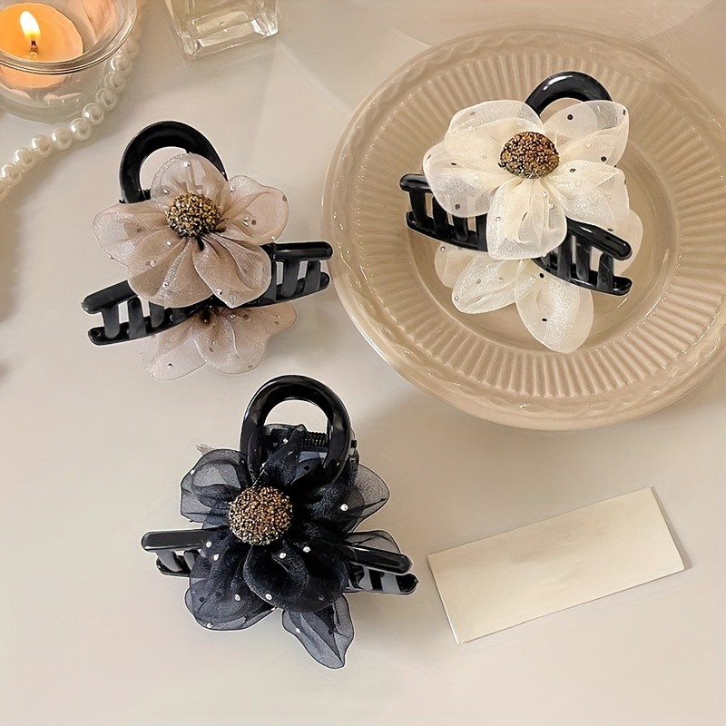 Elegant Rhinestone Sunflower Hair Claw - Vintage-Inspired Large Mesh Shark Clip For Women, Perfect For Valentine'S Day