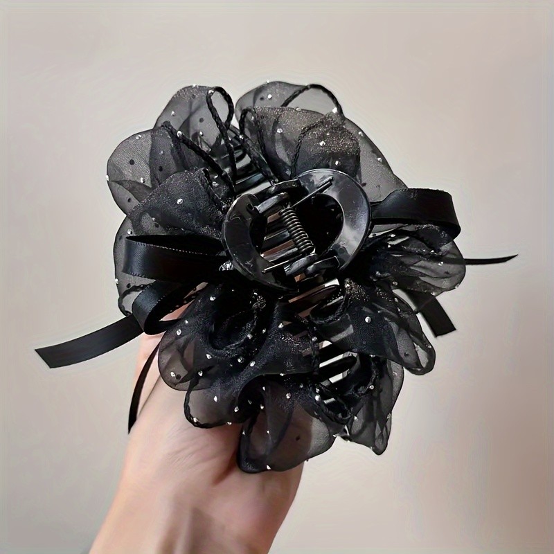 1pc Mesh Bow Hair Claw Clips Fluffy Mesh Hair Grab Clip Sparkling Rhinestones Decor Large Bow Hair Clip, Vintage And Elegant Hair Accessories For Women