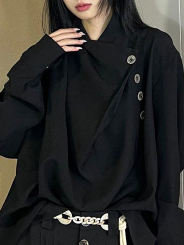 Asymmetric Pleated Split-Joint Long Sleeves Loose High Neck Blouses&shirts Tops