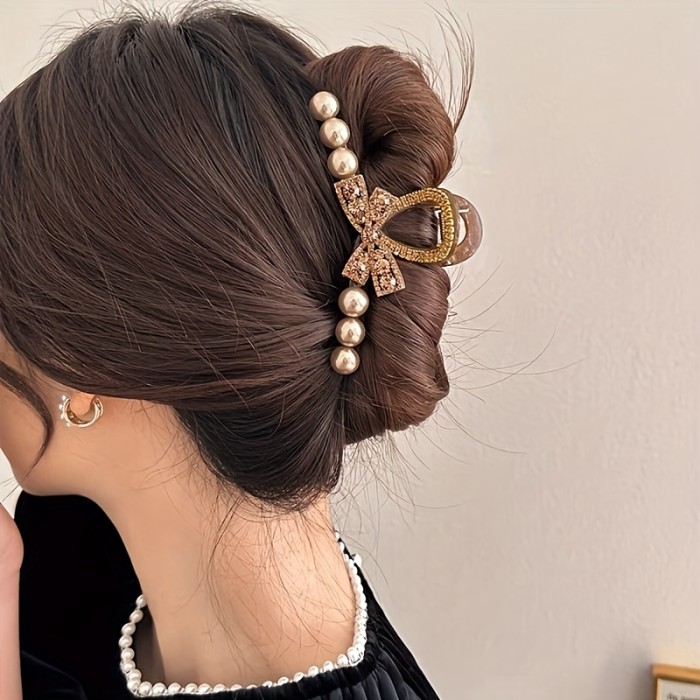 1pc Elegant Pearl And Rhinestone Bow Hair Claw Clip, Large Vintage Hair Accessory, Women's Fashion Shark Hairpin, Hair Ornament For Updo Hairstyle