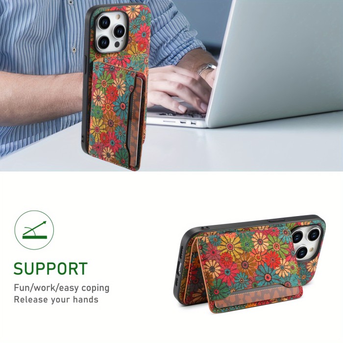 Wallet Case For iPhone 15 14 13 12 Pro Max Plus With Glue Card Holder, Fashion Design Flower Pattern, Wooden material, Foldable Wallet, With 3 Card Slots Can insert 3-5 Cards, Shockproof Cover