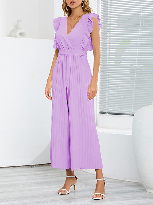 Belted Pleated Ruffled Solid Color High Waisted Loose V-Neck Jumpsuits