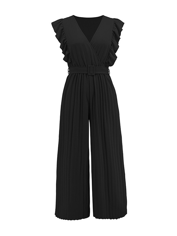 Belted Pleated Ruffled Solid Color High Waisted Loose V-Neck Jumpsuits