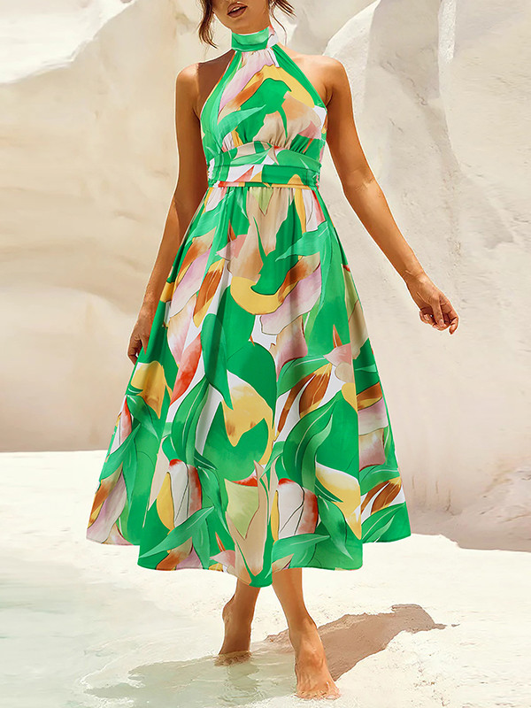Pleated Printed Split-Joint A-Line Loose Halter-Neck Midi Dresses