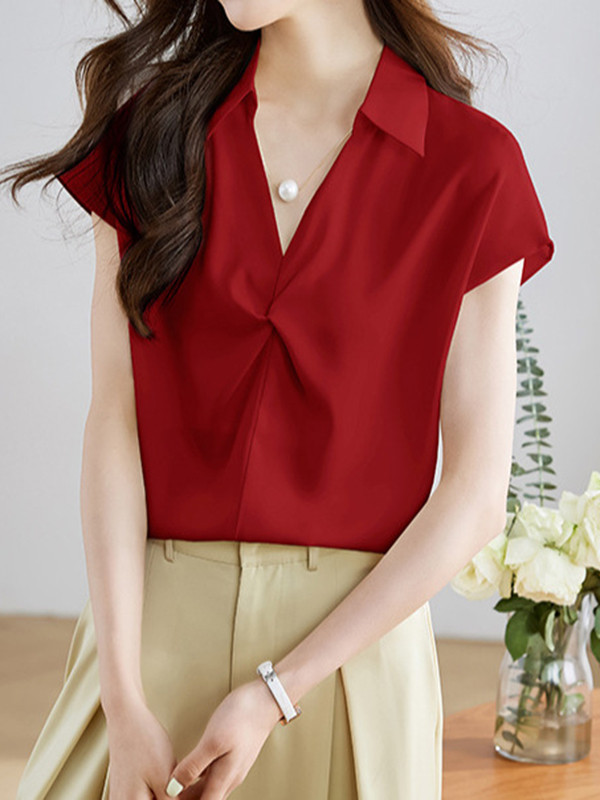 Solid Color Split-Joint Loose Raglan Sleeve Lapel Blouses&shirts Tops
