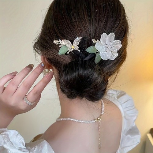 1pc Butterfly Camellia Shaped Decor Hair Bun Maker DIY Elegant Faux Pearl Rhinestones Decor Lazy Hair Curler French Twist Hairstyle Bun Hair Accessories
