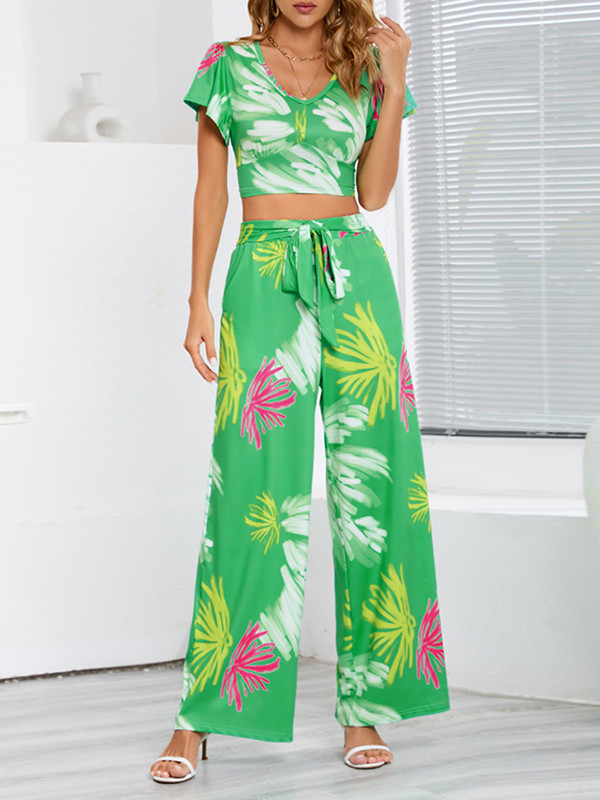 Loose Short Sleeves Printed V-Neck T-shirt Top + Elasticity Pockets Tied Waist Pants Bottom Two Pieces Set
