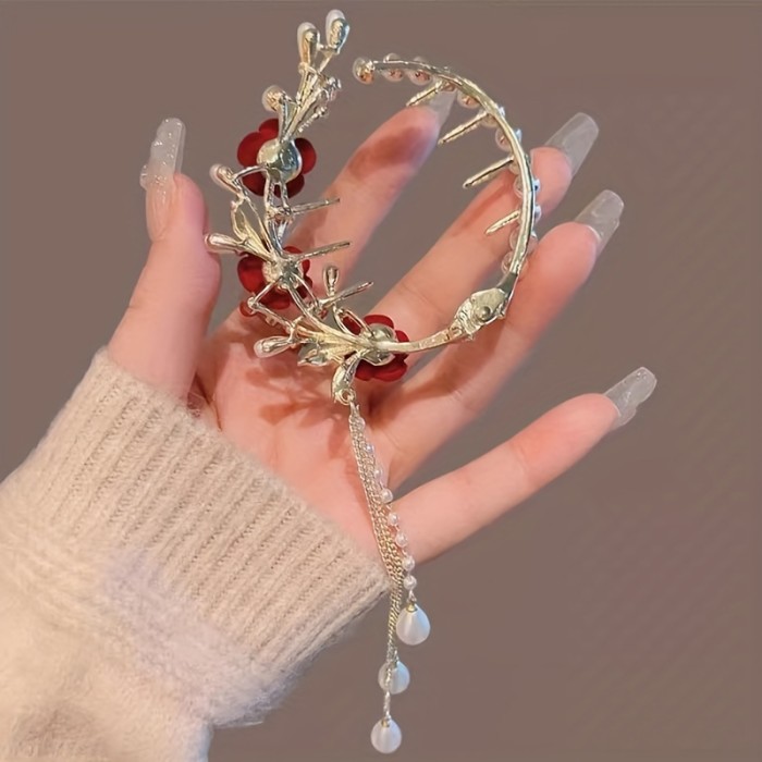 1PC Elegant Rose Ponytail Clip Decorated With Faux Pearl And Tassel Women Hair Accessories