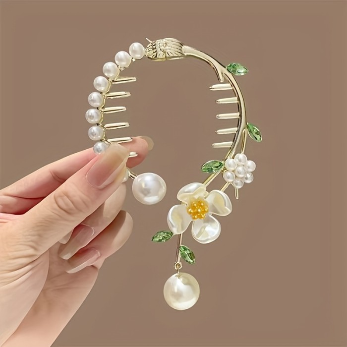 1pc Vintage Faux Pearl Flower Decorative Ponytail Holder Elegant Hair Clip Hair Bun Maker Baroque Style Hair Barrette
